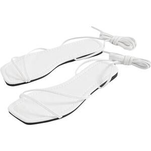 Gorglitter Womens Size 8.5 White Open Toe Lace Up Gladiator Sandals Tie Up Flats